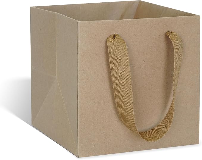 Paper Square Gift Bags with Handles, 12 x 12 x 12 Inch 10-Pack, Kraft Brown