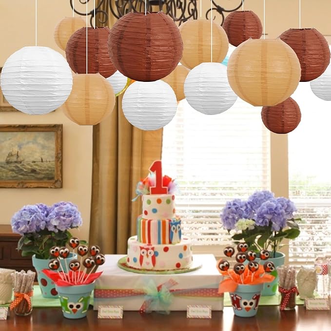 Paper Lanterns in Brown, Earthy Yellow and White, Round Foldable Party Decor