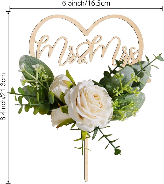 Non-Edible Wood Heart Cake Topper with 3D Flowers, 6.5 x 8.4 Inches