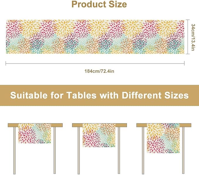 Abstract Flowers Table Runner, Chrysanthemum Dahlia Vintage Modern Colorful Spring Summer Elegant Table Runner for Party Kitchen Dining Living Room Laundry Room Decor, 13x108 Inch