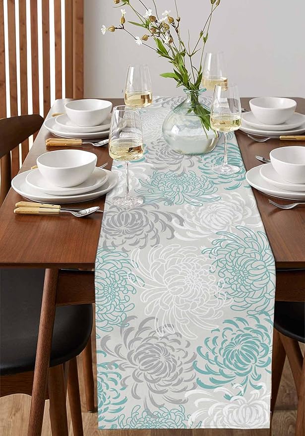 Auqa Chrysanthemum Cotton Linen Table Runner for Dining Kitchen, Wedding Outdoor Party Tablerunners Decoration, Farmhouse Floral Botanical Leaves Dresser Scarf Coffee Tablecloth Runners 13x36 Inches