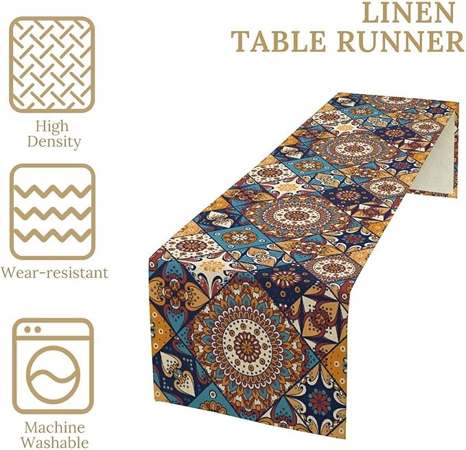 Vintage Mandala Table Runner, Bohemian Brown Blue Tile Traditional Indian Flowers Table Runner for Kitchen Dining Table Office Wedding Party Holiday Home Decor, 13x60inch