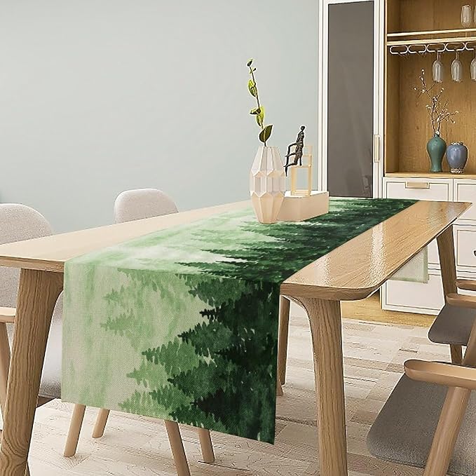 Foggy Forest Table Runner,Watercolor Wreen Misty Forest Landscape Table Runner for Kitchen Dining Table Home Party Decoration 13x90 Inch