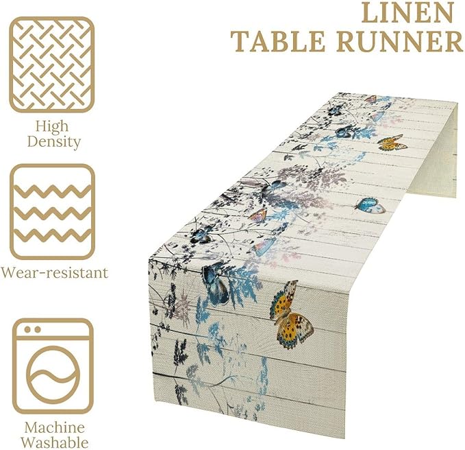 Nature Dandelion Table Runner,Rustic Floral Wood Plank Butterfly Girl Women Pattern Print Burlap Tablecloth for Hotel Indoors Outdoor Dining Room Kitchen Table Decor, 13x90in