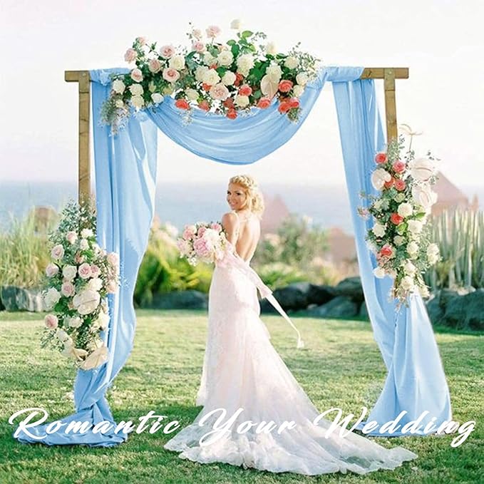 Baby Blue Chiffon Wedding Arch Drapes, 2 Transparent Panels, 20 Ft Long