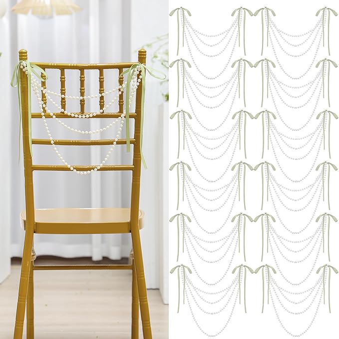 Garlands, 16 Pcs Ivory Faux Pearl and Sage Green Satin Bow Sashes