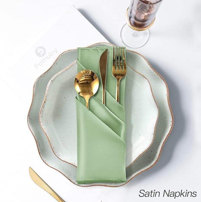P Pothuiny 24 Pcs Silky Sage Green Satin Napkins 17 x 17 Inches, Square Smooth Wedding Dinner Napkins Satin Cloth Napkins Table Napkins for Banquet Party Restaurant Decor, Thanksgiving, Christmas