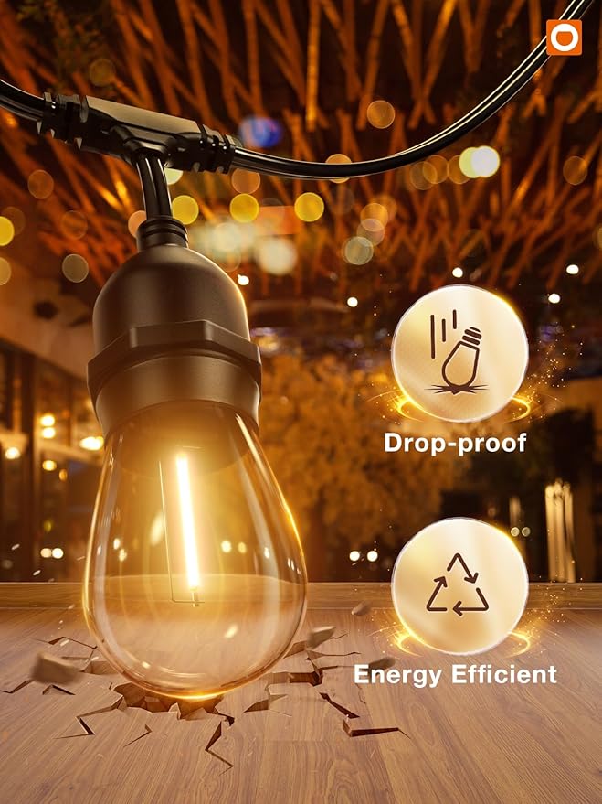 String Lights 48 FT Warm White LED Patio Lights with 25 Shatterproof Bulbs
