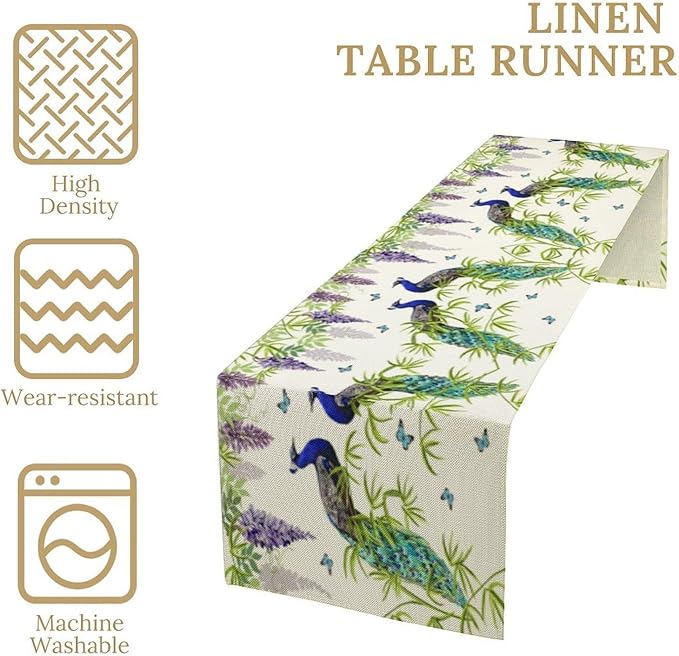 Peacock Table Runner,Spring Plant Butterfly Print Seasonal Table Runner for Home Kitchen Dining Party Indoor Outdoor Decoration 13x60 Inch