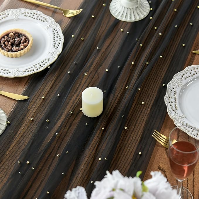 Artoid Mode 3PCS Pearl Black Gauze Table Runner 120 Inch 10FT, Seasonal Sheer Dining Holiday Wedding Birthday Baby Shower Table Decor for Home Party