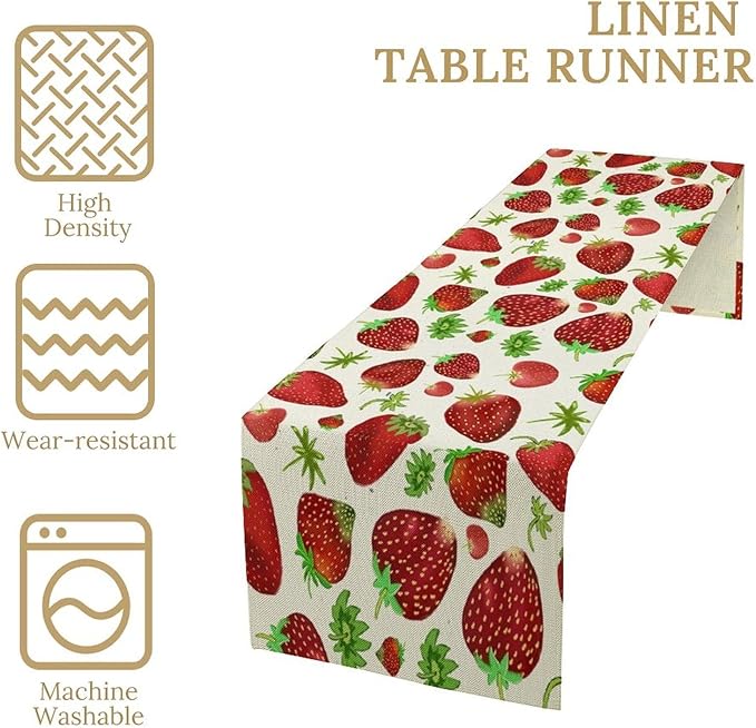 Strawberry Table Runner Spring Summer Fruit Wild Berry Forest Garden Dinner Runner for Girl Baby Shower Party Holiday Home Kitchen Dining Table Decor 13x90