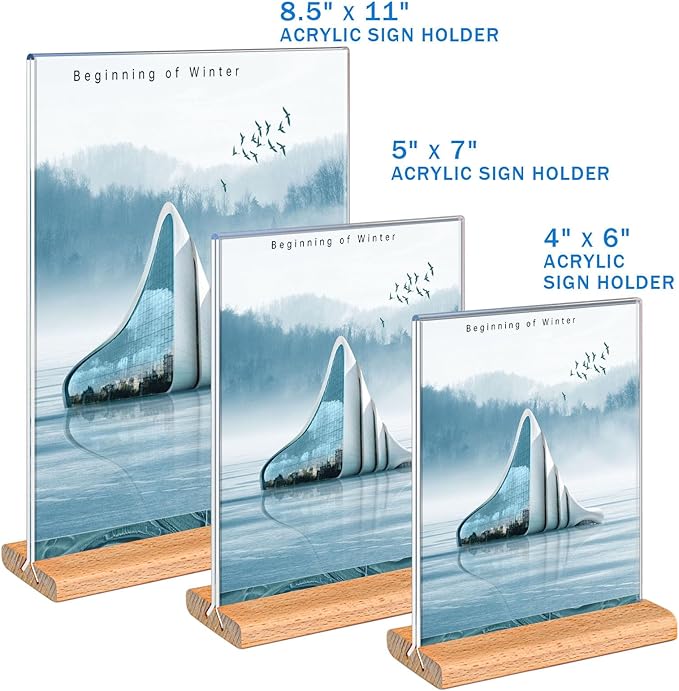 Kersally Acrylic Sign Holder 4 x 6, 3 Pack Double-Sided Clear Table Display Stands with Wood Base,Vertical Acrylic Frame Menu Flyer Paper Holder for Stores, Restaurants, Hotels, Office, Show Fair