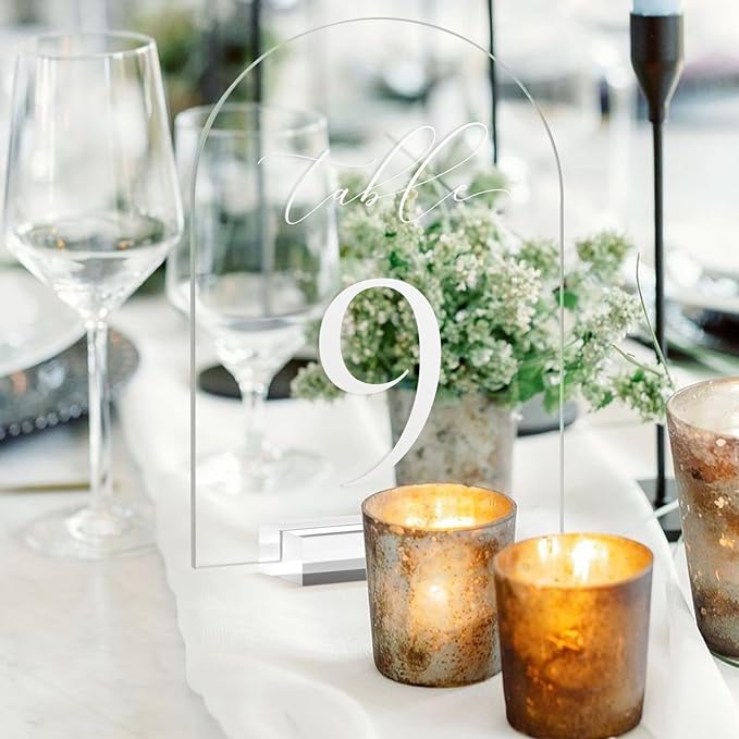 JINMURY Clear Arch Table Numbers for Wedding, 5x7 Inch Arched Acrylic Table Numbers 1-10 with Stands, Clear Acrylic Arch Sign with Holder for Centerpiece, Reception, Wedding, Party, Event