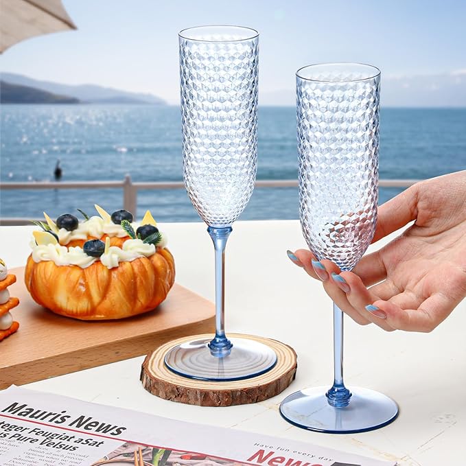 Champagne Glasses, Dusty Blue Detachable Plastic 5.5 oz Flutes