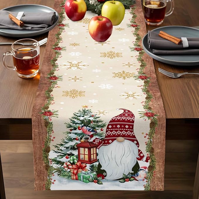 Christmas Gnomes Cotton Linen Table Runner for Dining Kitchen, Xmas Pine Tree Snowflake Rustic Wedding Outdoor Party Tablerunners Decoration, Retro Wood Dresser Scarf Tablecloth Runners 13x120 Inches