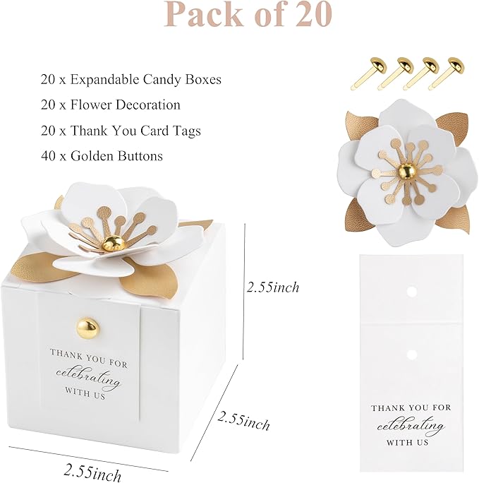 Gift Boxes 20 Pack White Candy Favor Boxes with Floral Decor and Tags