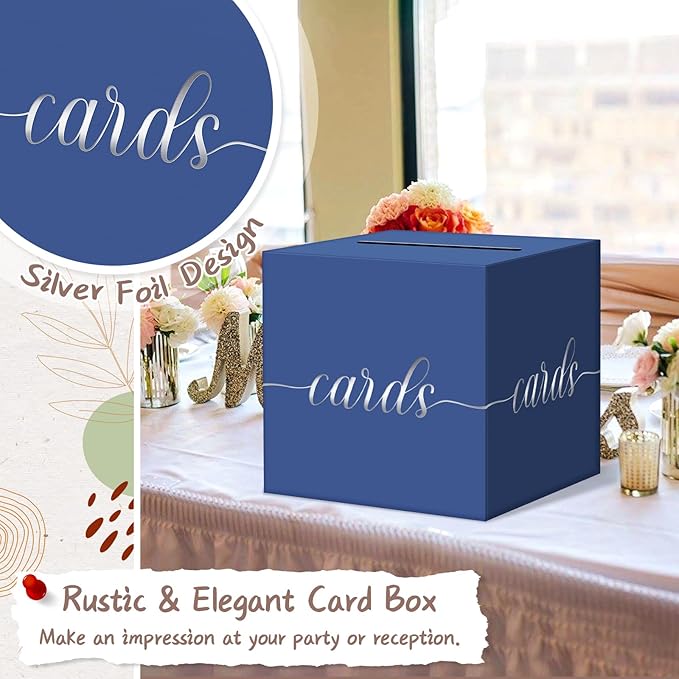 QIKSION Navy Blue Graduation Card Box, Silver Foil Gift Card Box for Graduation, Party, Wedding Reception, Birthday, Baby Shower, Raffle
