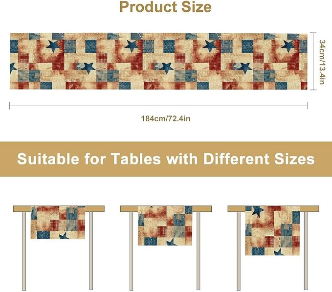 4th of July Table Runner, Rustic Vintage Country Red White Blue American Stars Independence Day Print Table Cover for Farmhouse Kitchen Dining Table Decor, 13x60inch