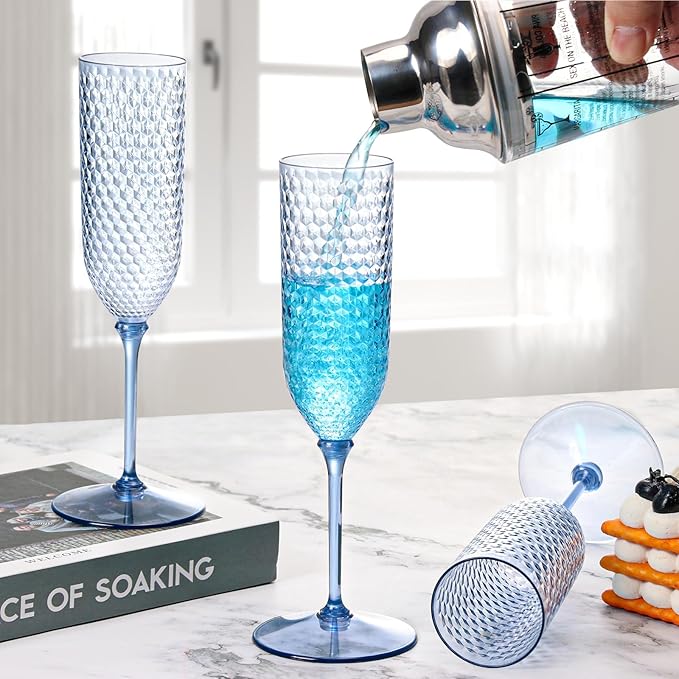 Champagne Glasses, Dusty Blue Detachable Plastic 5.5 oz Flutes