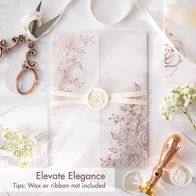 50 Pack Pre-Folded Vellum Jackets For 5x7 Invitations,AZAZA Gorgeous Translucent Invitation Sleeves,115GSM Vellum Jackets 5x7, Wedding Invitation Accessories, For Weddings Birthdays,Rose Golden Roses