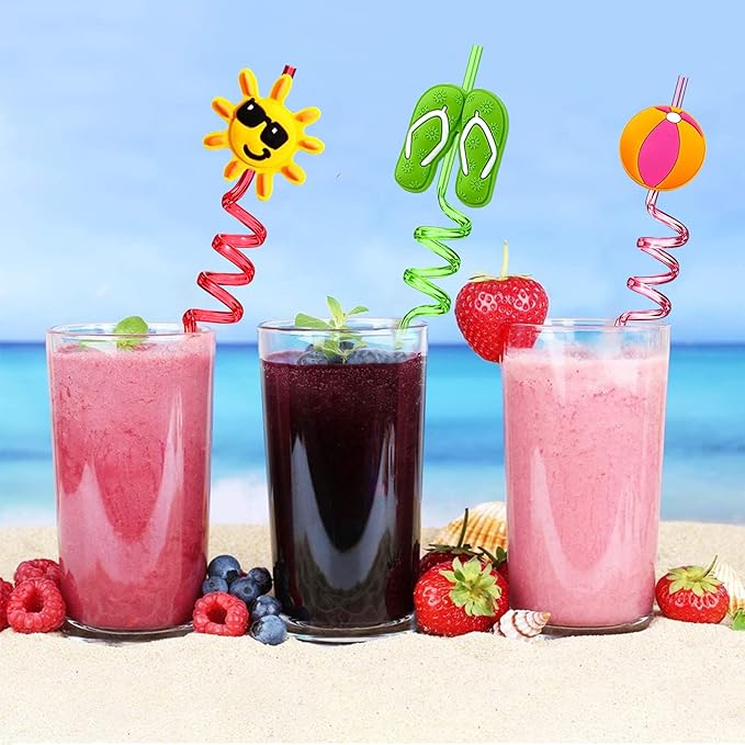 Straws 24 Count Beach Curly Straws in 8 Colors, Reusable Plastic