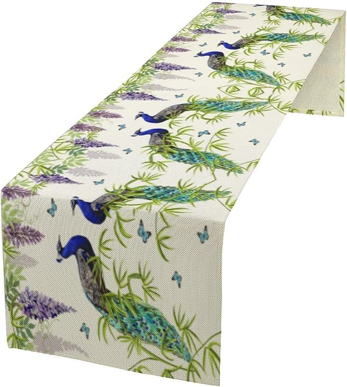 Peacock Table Runner,Spring Plant Butterfly Print Seasonal Table Runner for Home Kitchen Dining Party Indoor Outdoor Decoration 13x108 Inch