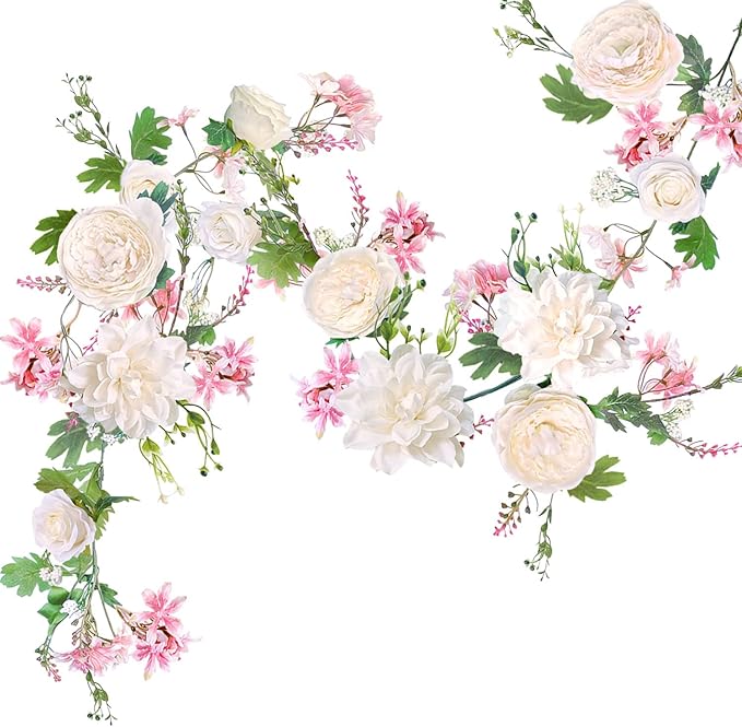 Peony Flower Garland, Rose Flower Swag, 6' Wedding Arch Flowers for Wedding Decor Home Table Runner Mantle Party Decor (Champagne Peony Garland)