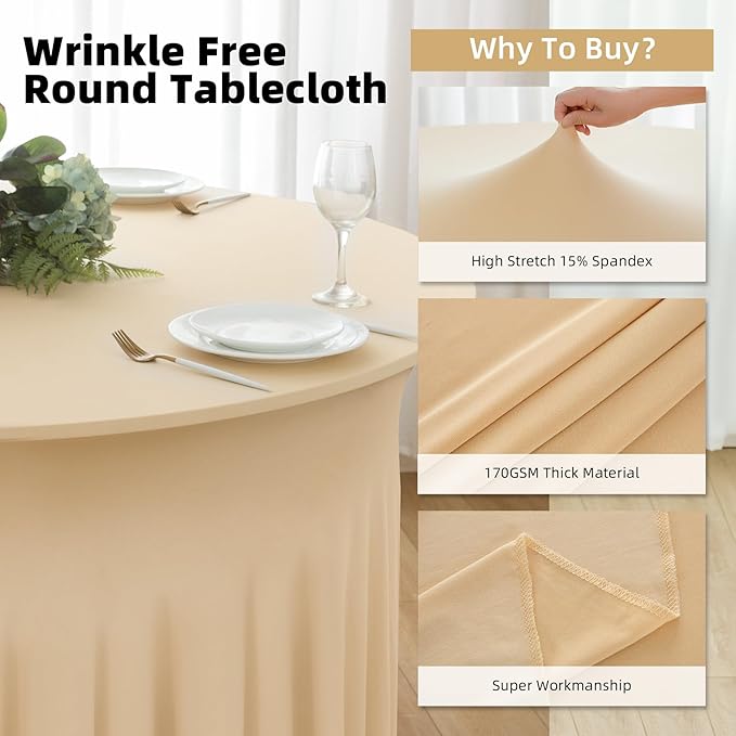 4 Pack Champagne Spandex Round Tablecloths for 60inch Tables,120inch Stretch Fitted 5ft Table Cloth,Wrinkle Free Rund Table Covers with Skirt for Banquet Wedding Birthday Parties