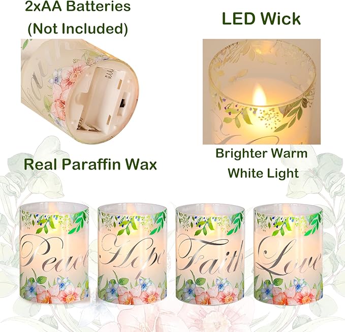 Silverstro Christmas Flameless Candles Glass Flickering Real Wax Floral LED Candles with Remote - Home Party Room Botanical Holiday Decor Set of 4