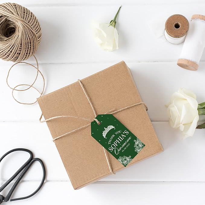 Andaz Press 40-Pack Personalized Quinceañera Favor Tags with String, Crown Floral Line Custom Classic Thank You Gift Tags for Quince Años XV 15th Birthday Favor Gifts Quinceanera Decorations