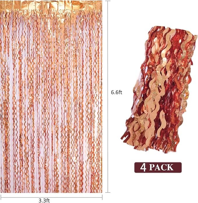 4 Pack 3.3x6.6ft Wavy Orange Foil Fringe Backdrop Curtains -Tinsel Streamers Metallic Foil Fringe Backdrop Door for Halloween, Graduation,Baby Shower,Gender Reveal