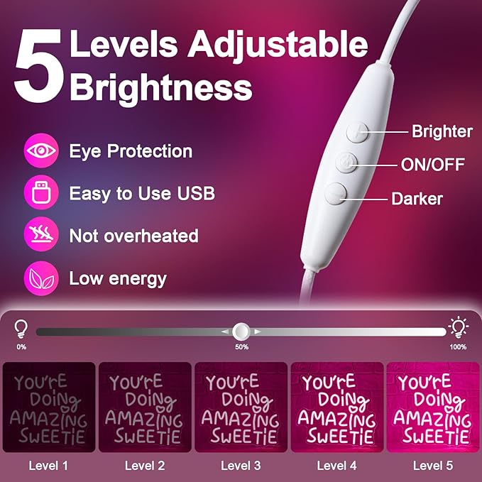 You're Doing Amazing Sweetie Neon Sign,Pink Led Neon Signs for Wall Decor,Dimmable Inspirational Letter Neon Lights USB Amazing Light Up Signs for Bedroom Classroom Party,Gift for Boys Girls
