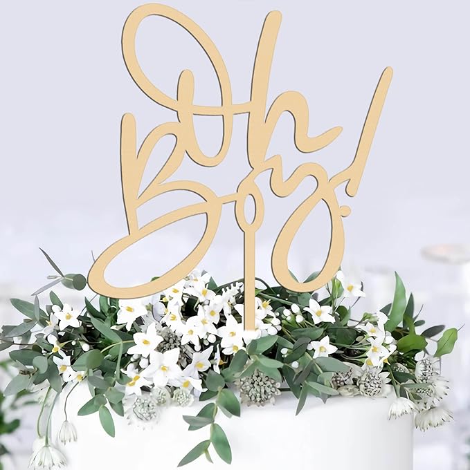 Oh Boy Cake Topper - Wooden Baby Shower Cake Decorations for First Birthday/Gender Reveals Party, Photo Booth Props
