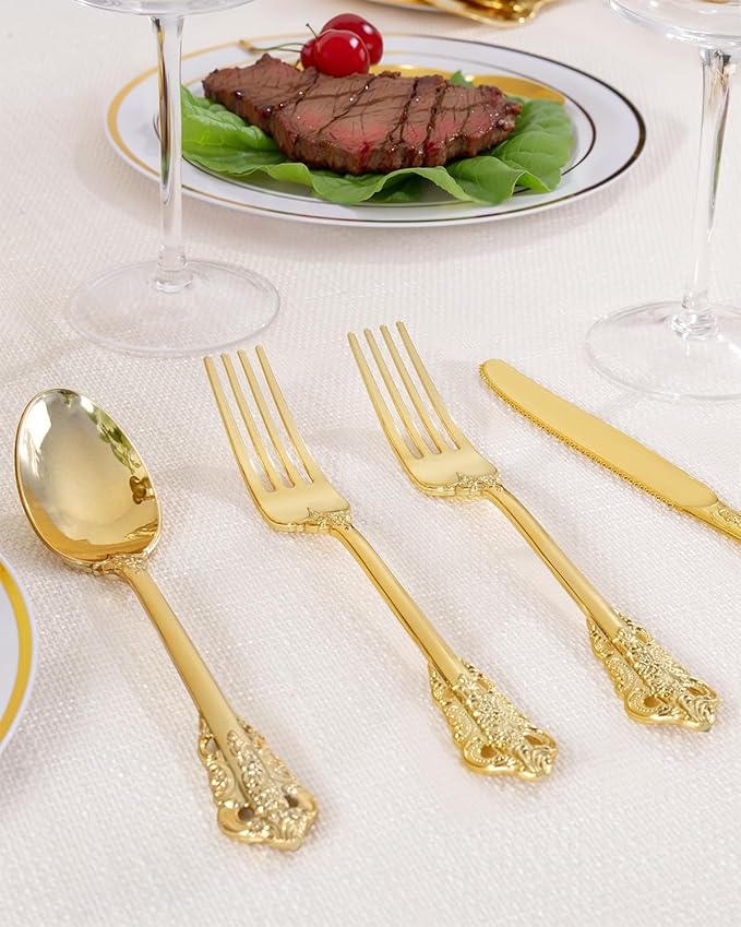 Disposable Gold Plastic Silverware Set, 150 Pieces Heavy-Duty Utensils