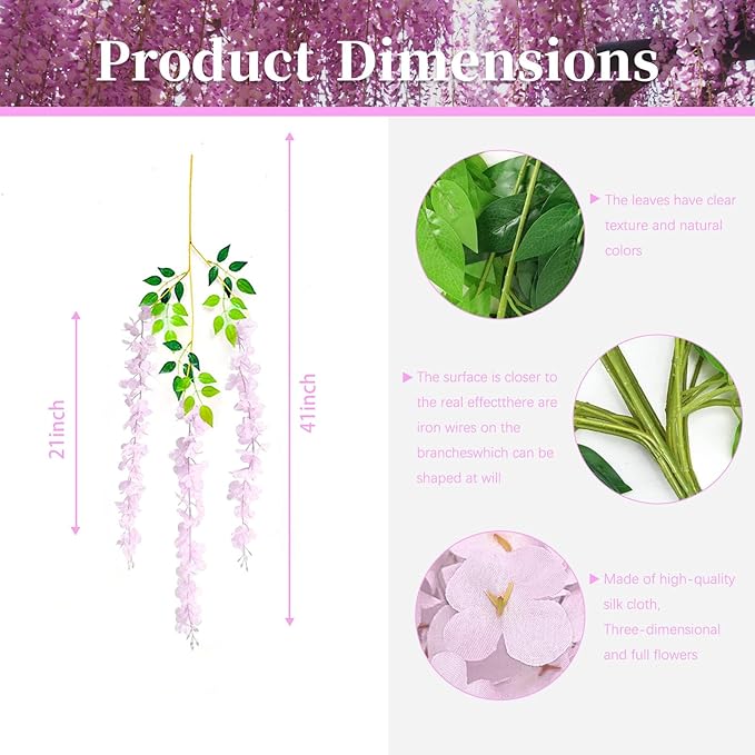 24 Pack Pink Wisteria Hanging Flowers, 3.4 Ft Fake Hanging Flowers, Artificial Wisteria Garland Vines for Wedding Room Backdrop Outdoor Patio Garden Decoration
