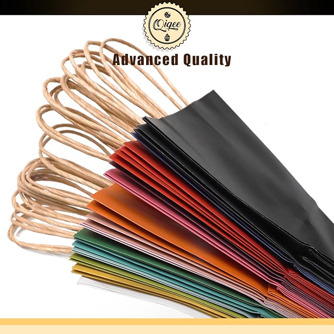 qiqee 200Pcs Paper Gift Bags with Handles - 10.6"x8.3"x4.3" Medium Party Favor Bags Multiple Uses - 16 Solid Colors