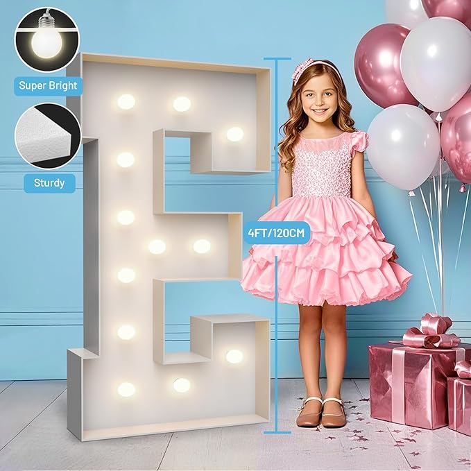 4FT Marquee Light Up Letters E,Party Decoration Large Marquee Light Up Letters with Weighted Water Bag,Pre-cut Foam Board Set Can Be Used for Birthdays,Weddings,Baby Anniversaries