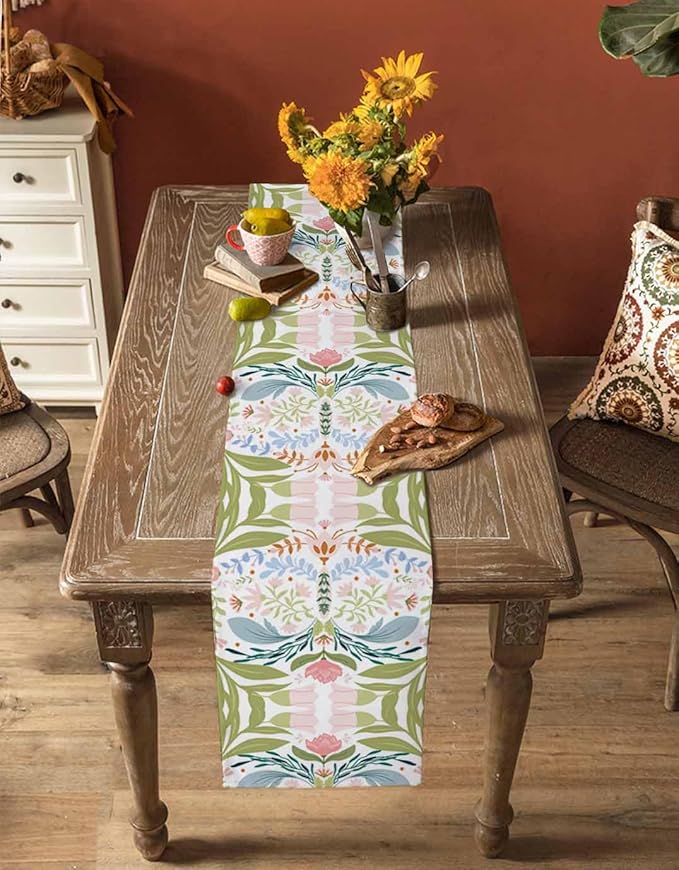 Green Blue Pink Boho Floral Cotton Linen Table Runner for Dining Kitchen, Wedding Outdoor Party Tablerunners Decoration, Retro Bohemian Botanical Dresser Scarf Coffee Tablecloth Runners 13x90 Inches