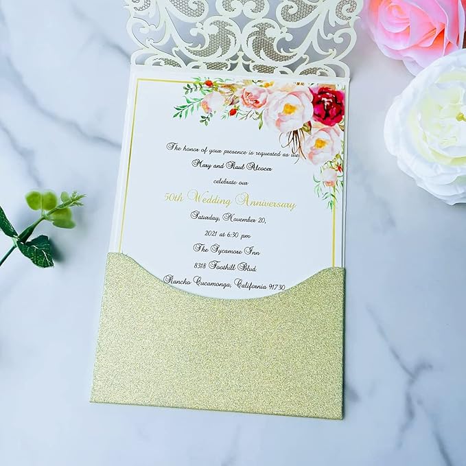 Hosmsua 50PCS Personalized Wedding Invitations Kit 5.12 x 7.3 Laser Cut Hollow Rose Rhinestone Pocket with Envelope for Wedding Quinceanera Invite (Champagne Gold Glitter)