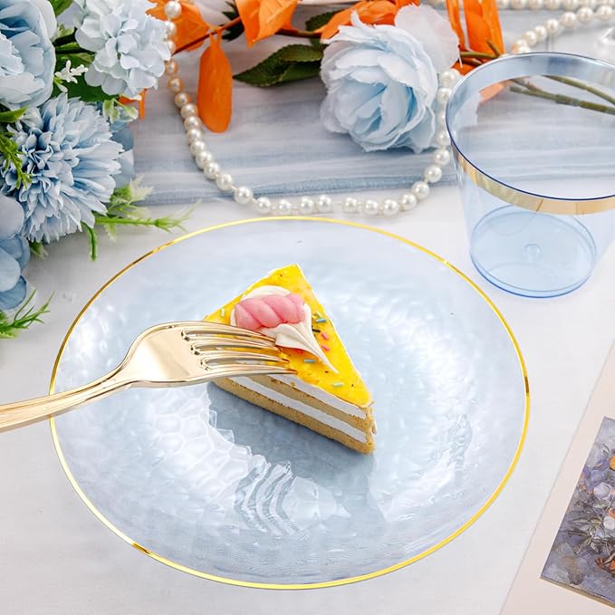 Rubtlamp 175 Pcs Plastic Dinnerware Set (25 Guests), Blue Disposable Plates With Gold Rim, Hammered Party Plates Set Include Dinner Platos, Dessert Platos, Cups, Cutlery And Napkins for Party