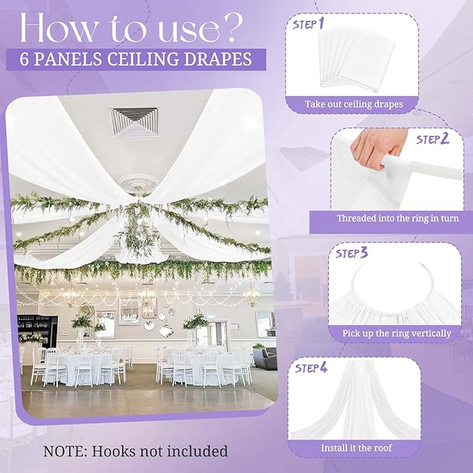 6 Panel White Wedding Drapes, 5ftx15ft Sheer Fabric Curtains for Arch Decorations