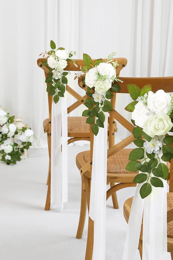 Artificial Aisle Flowers, Ivory White Rose Pew Decor, 10 Pieces