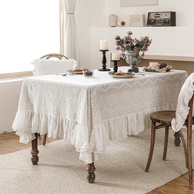 patdrea Vintage Ruffle Tablecloth for Rectangle Tables,Farmhouse Embroidered Cotton White Lace Table Cloth Cover Decor for Dining Room Wedding Banquet Thanksgiving Christmas,59"*75"