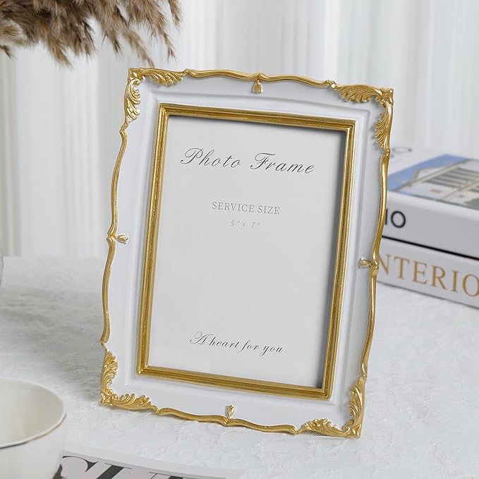 Cuspin Vintage Picture Frame 5x7 Gold Frames, Ornate White and Gold Textured Hand-Crafted Resin Frame with Glass Front, 5 by 7 Antique Photo Frames for Tabletop Display