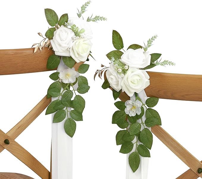 Artificial Aisle Flowers, Ivory White Rose Pew Decor, 10 Pieces