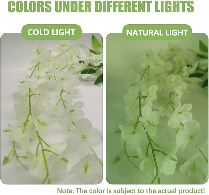 12 Pack Green White Wisteria Hanging Flowers, 3.44 Ft Fake Hanging Flowers, Artificial Wisteria Garland Vines for Wedding Room Backdrop Outdoor Patio Garden Decoration