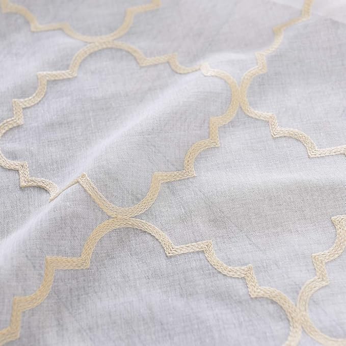 Sheer Curtains Beige 63 Inches, Rod Pocket Voile Drapes for Living room, Bedroom, Embroidered Moroccan Tile Lattice Design Window Semi Crinkle Curtain Panels for Yard, Parlor, Set of 2, 52"x 63".