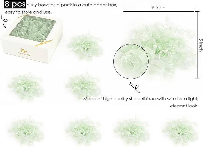 HUIHUANG Curly Bows for Gift Wrapping Sage Green Gift Bows 5 inch x 8 Counts Self-Adhesive Curly Ribbon Bow for Presents, Treat Bags, Baby Shower Favors, Wrapping Accessories, Party Decor