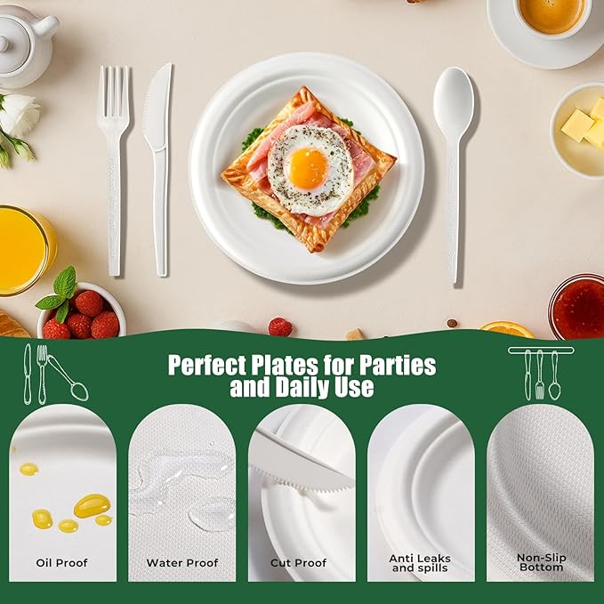 Disposable Plates Set, 250 Pcs White Round Bagasse Dinnerware