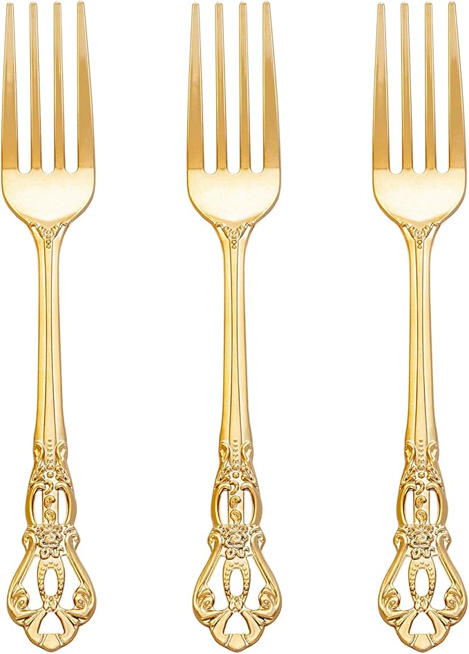 150PCS Gold Plastic Forks - 8.1inch Gold Forks Disposable - Vintage Heavy Duty Dessert Forks - Premium Fancy Plastic Silverware for Parties, Weddings, Dinners and Events